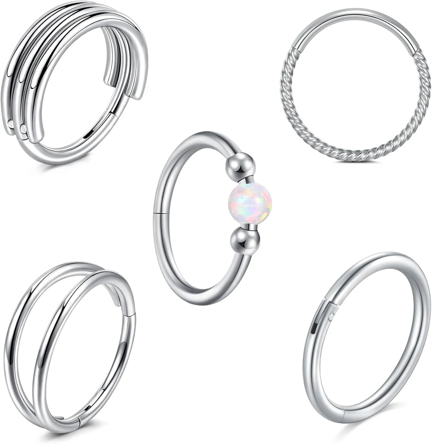 VCMART 18g Nose Rings for Women Stainless Steel Opal Clicker Hinged Hoops & Threadless Flat Back Studs Earrings Cartilage Helix Tragus Nose Nostril Piercing Jewelry 18 Gauge Silver Gold