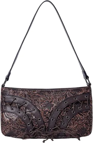 Verdusa Women's Vintage Lace Up Leather Shoulder Bag Goth Top Handle Embossed Clutch Purses