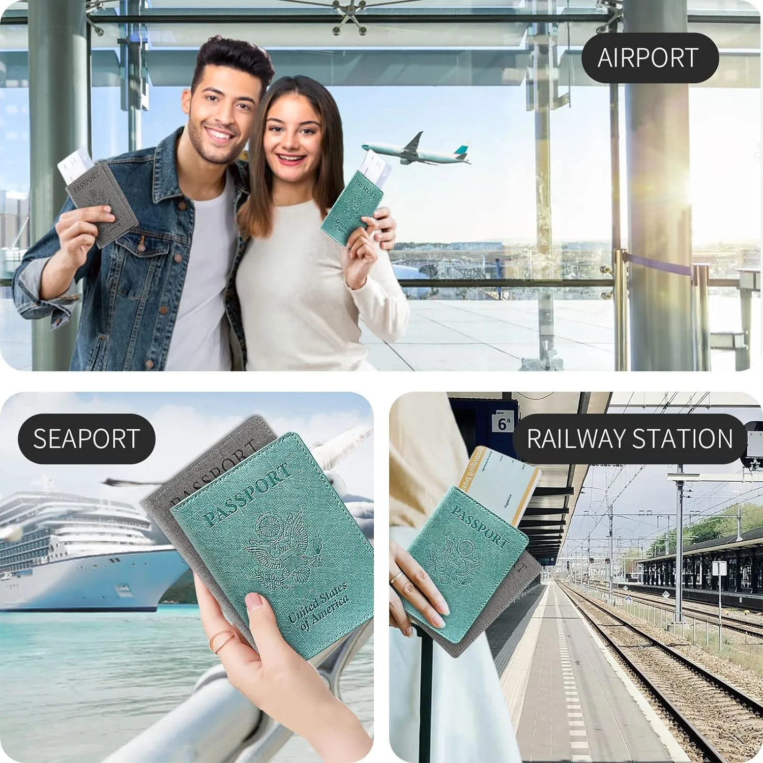 VIDIVICI Unisex 2pk RFID Passport And Vaccine Card Holder Combo,Passport Holder-Black&Light Blue