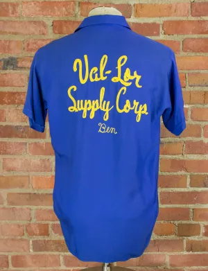 Vintage 50s Val-Lor Supply Corp "Les-Ben" Blue Chainstitch Loop Collar Rayon Bowling Shirt Unisex Medium-Large