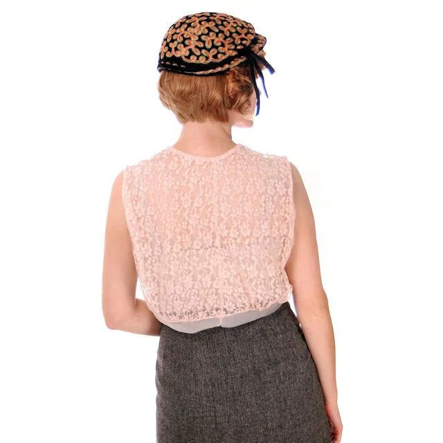Vintage Buff Pink  Sheer Nylon Lace Blouse 1950s Small