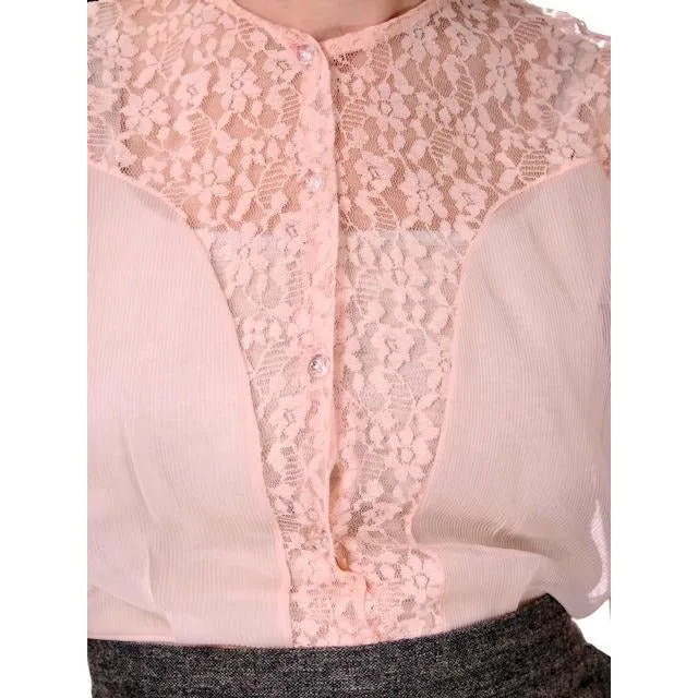 Vintage Buff Pink  Sheer Nylon Lace Blouse 1950s Small