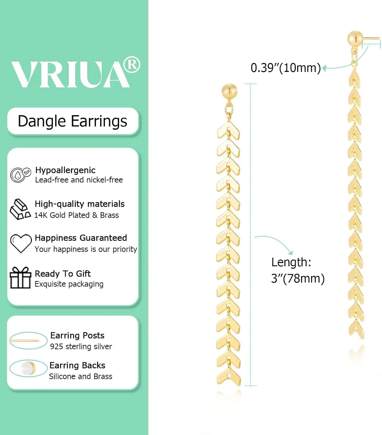 VRIUA Dangle Earrings for Women - 14K Gold Plated Statement Drop Earrings Dainty CZ Wedding Dangling Earrings Trendy Jewelry