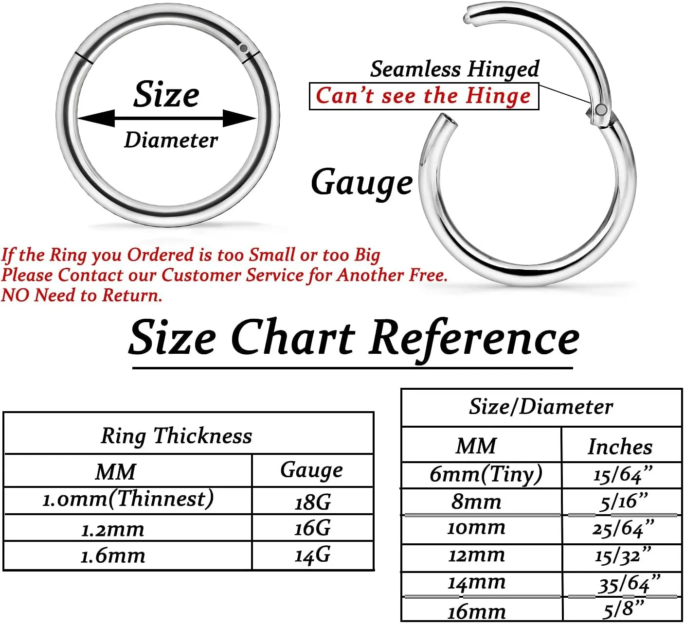 Vsnnsns 14G 16G 18G Nose Rings Hoops 316L Surgical Steel Hinged Segment Clicker Septum Lip Rings Cartilage Tragus Helix Rook Conch Daith Lobe Earrings Hoops for Women Men 6mm 8mm 10mm 12mm 14mm 16mm