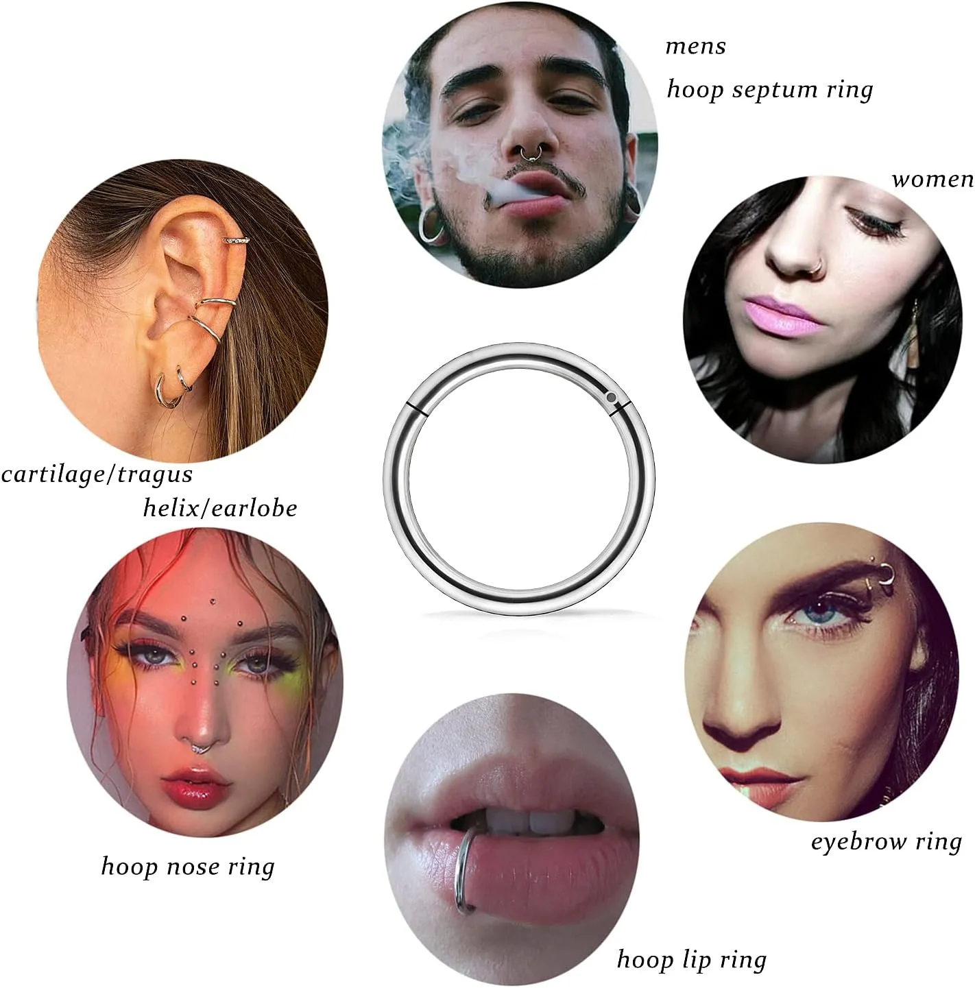Vsnnsns 14G 16G 18G Nose Rings Hoops 316L Surgical Steel Hinged Segment Clicker Septum Lip Rings Cartilage Tragus Helix Rook Conch Daith Lobe Earrings Hoops for Women Men 6mm 8mm 10mm 12mm 14mm 16mm