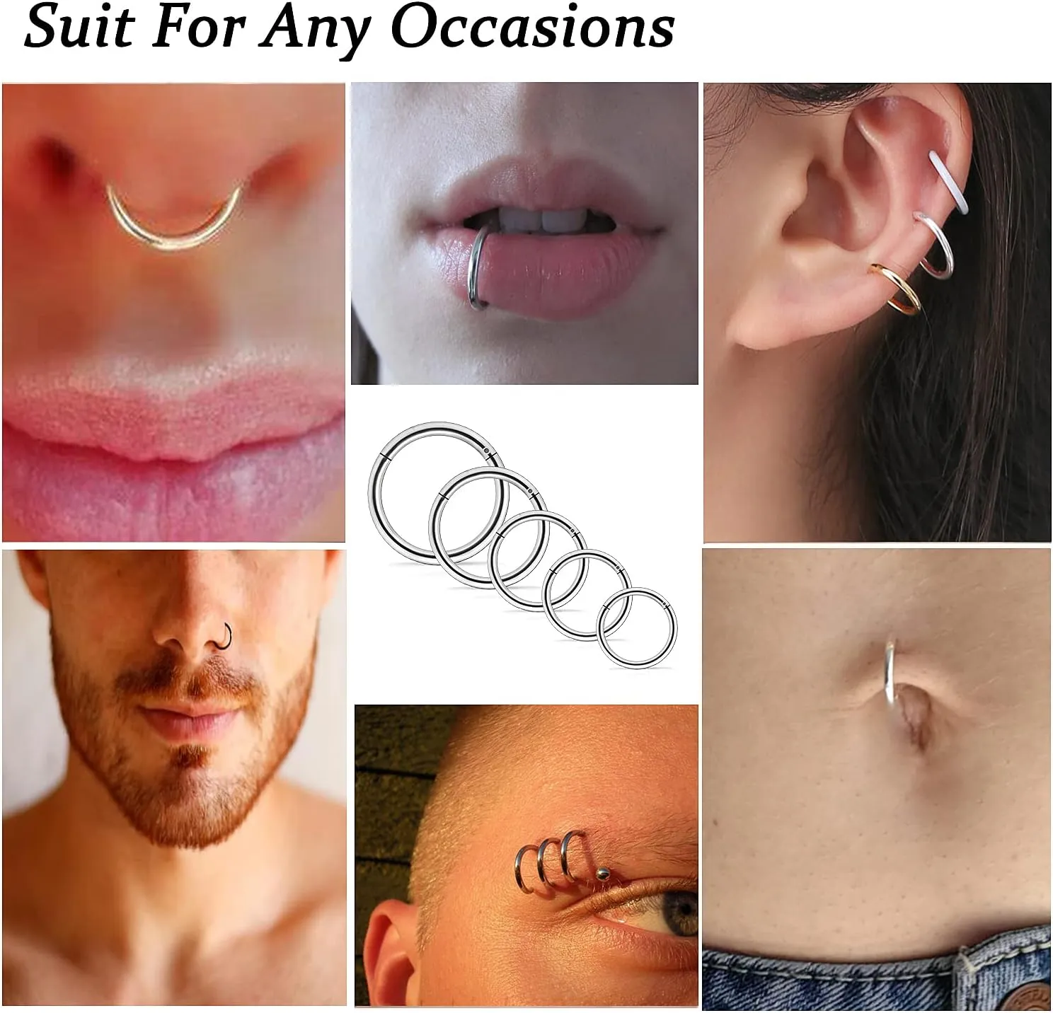 Vsnnsns 14G 16G 18G Nose Rings Hoops 316L Surgical Steel Hinged Segment Clicker Septum Lip Rings Cartilage Tragus Helix Rook Conch Daith Lobe Earrings Hoops for Women Men 6mm 8mm 10mm 12mm 14mm 16mm
