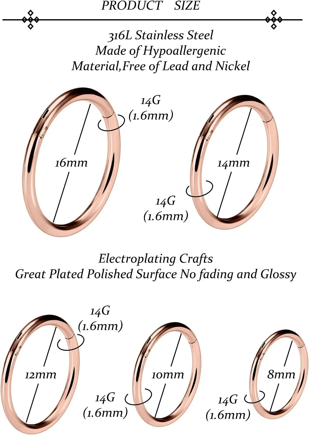 Vsnnsns 14G 16G Septum Nose Rings Hoops Lip Ring Piercing Jewelry 316L Surgical Steel Hinged Segment Clicker Cartilage Tragus Helix Conch Rook Daith Lobe Earrings Hoops Piercing Jewelry for Women Men