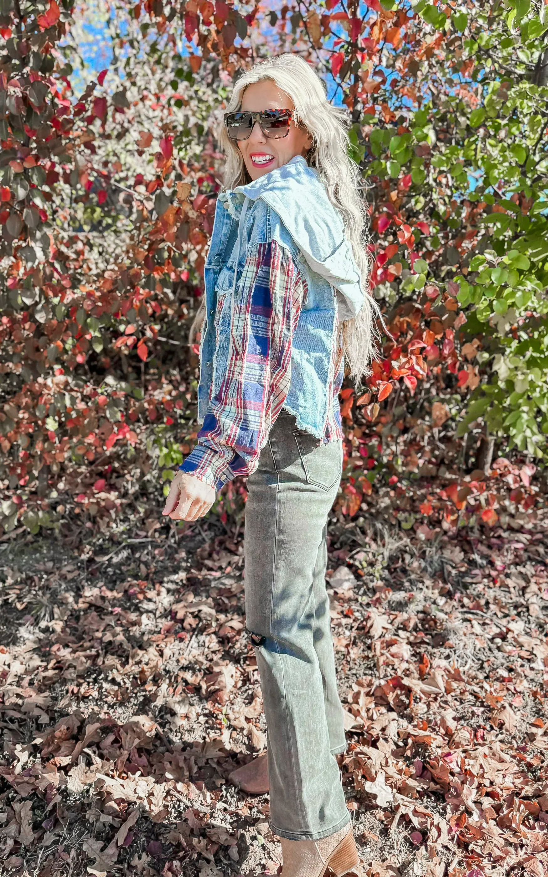 Washed Plaid Sleeve Hood Denim Jacket