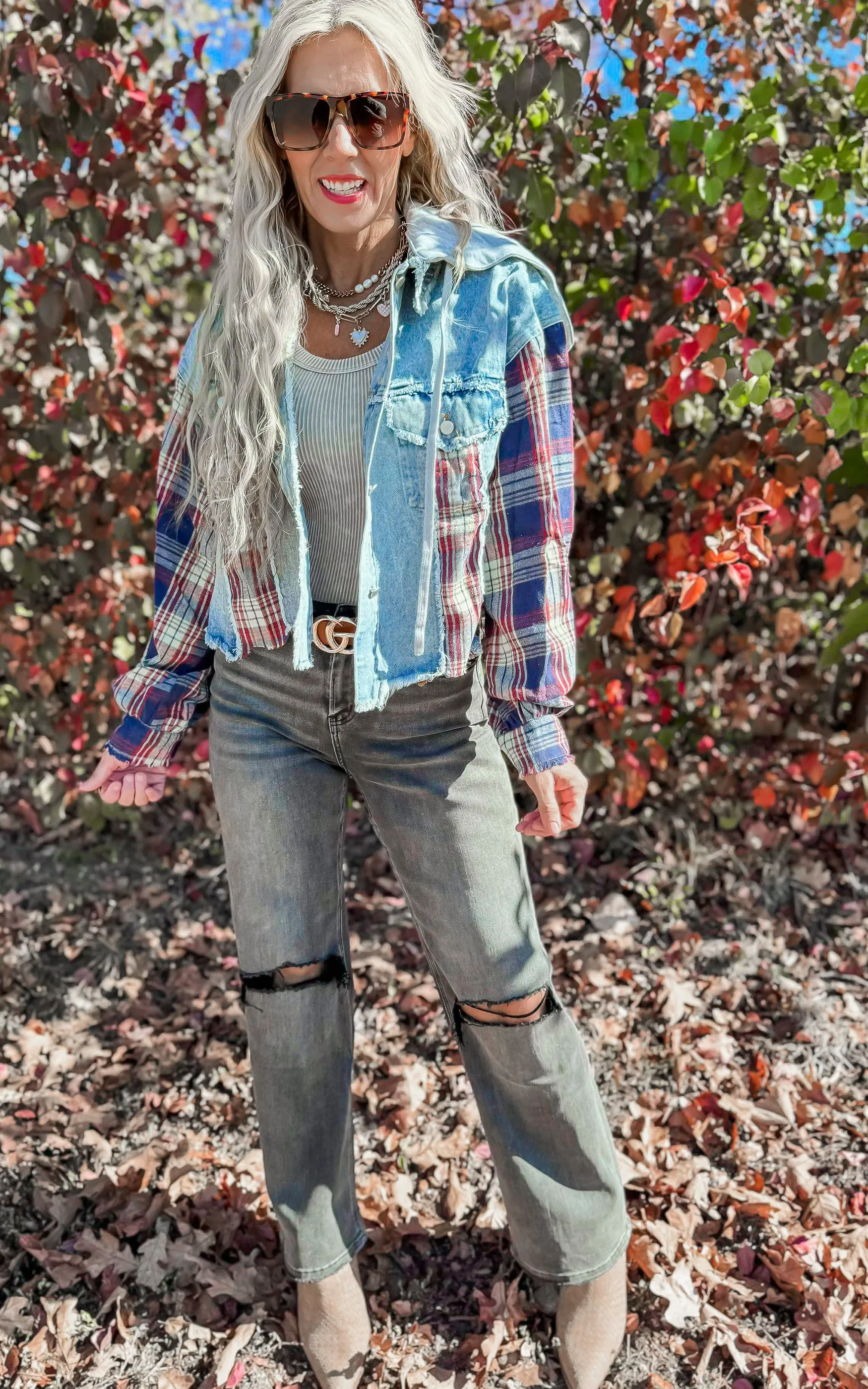 Washed Plaid Sleeve Hood Denim Jacket