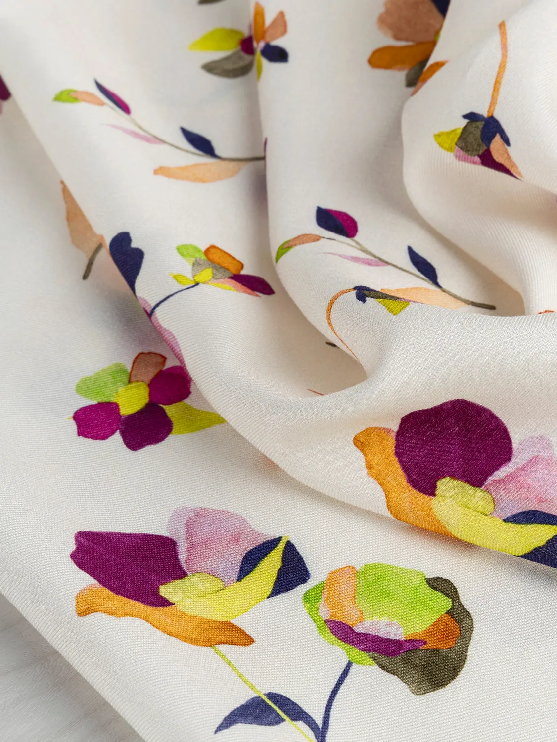 Watercolour Floral Print Viscose Twill - Cream   Magenta   Orange   Blue