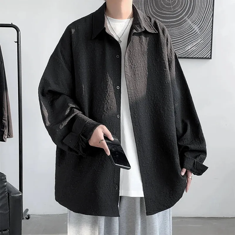 Wiaofellas  -  Men's Special Chic Long Sleeve Shirts Korean Lapel Shirt Fashion Casual Oversize Shirt Coat High Quality Solid Simple Clothing