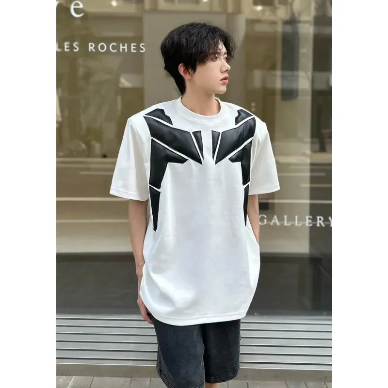 Wiaofellas  -  Summer Fashion Men T-shirts Black White Contrast PU Leather Patchwork Short Sleeve Tops Tees Hip Hop High Street Clothing