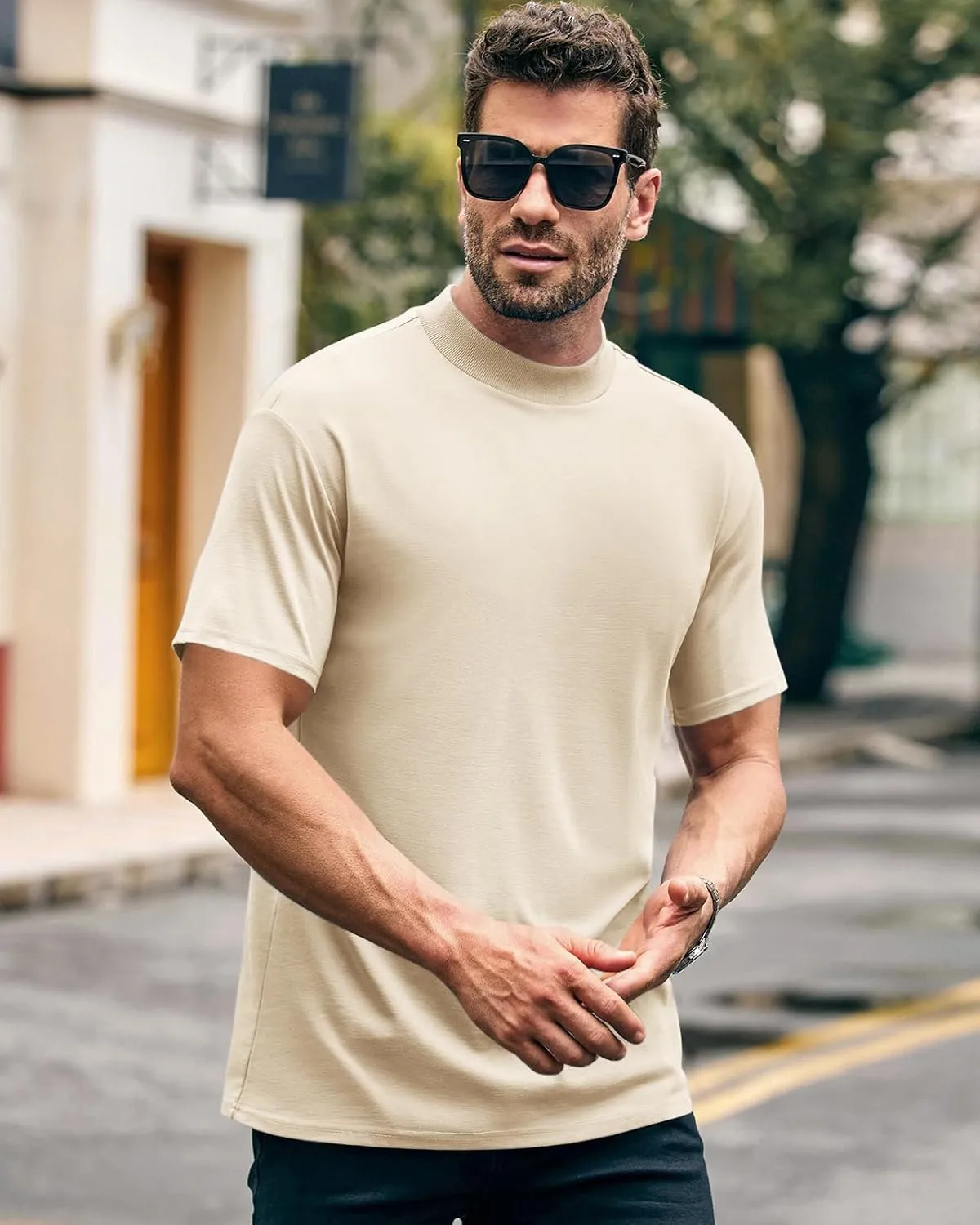 Wihion Men Turtleneck Mock Neck T Shirts Short Sleeve Ribbed High Neck T-Shirt Tee