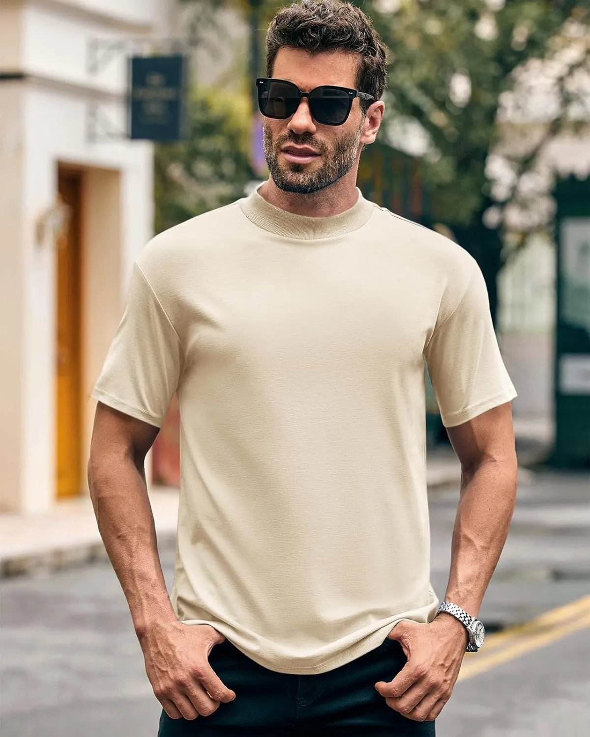 Wihion Men Turtleneck Mock Neck T Shirts Short Sleeve Ribbed High Neck T-Shirt Tee