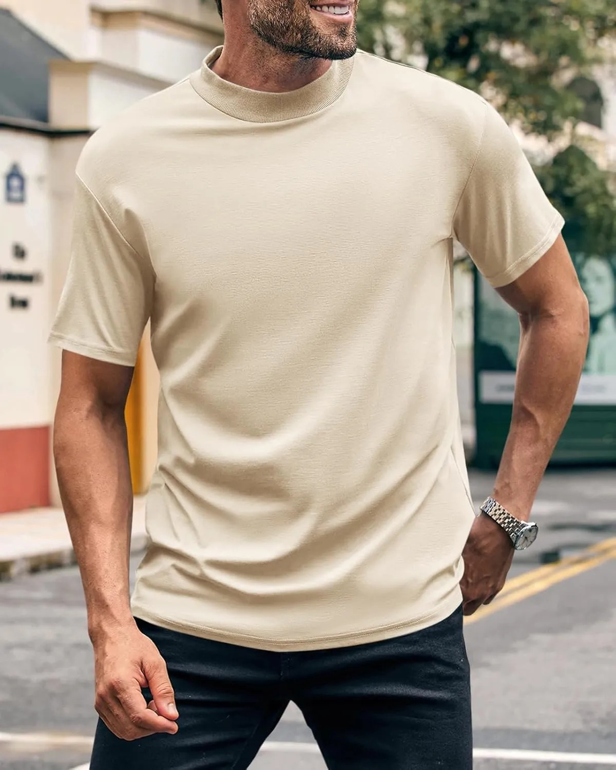 Wihion Men Turtleneck Mock Neck T Shirts Short Sleeve Ribbed High Neck T-Shirt Tee
