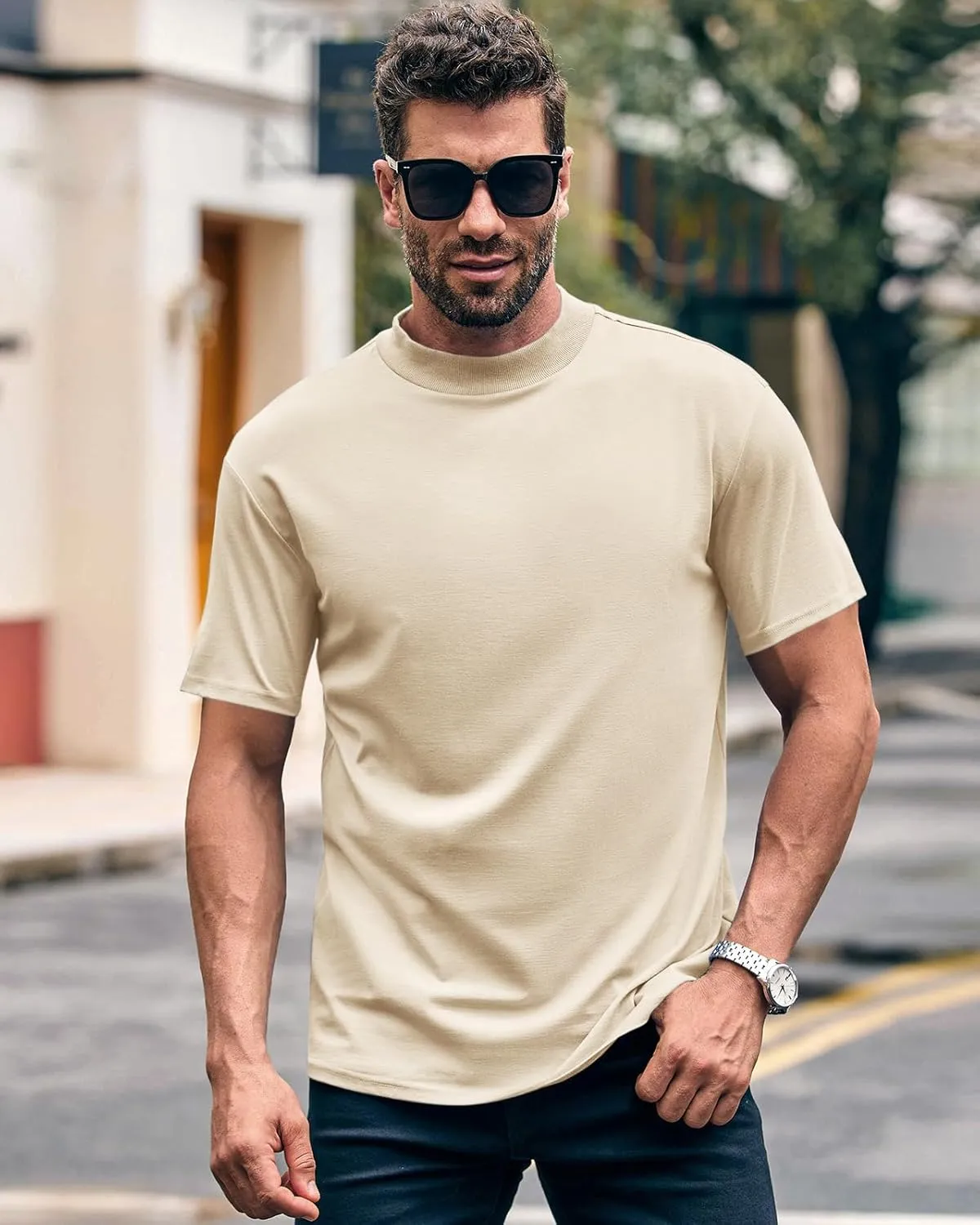 Wihion Men Turtleneck Mock Neck T Shirts Short Sleeve Ribbed High Neck T-Shirt Tee