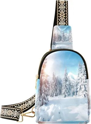 Winter Snowy Forest Fanny Pack Crossbody PC Leather Small Sling Bag for Women Fashion Waist Packs Chest Bag for Travel Sports Running Hiking