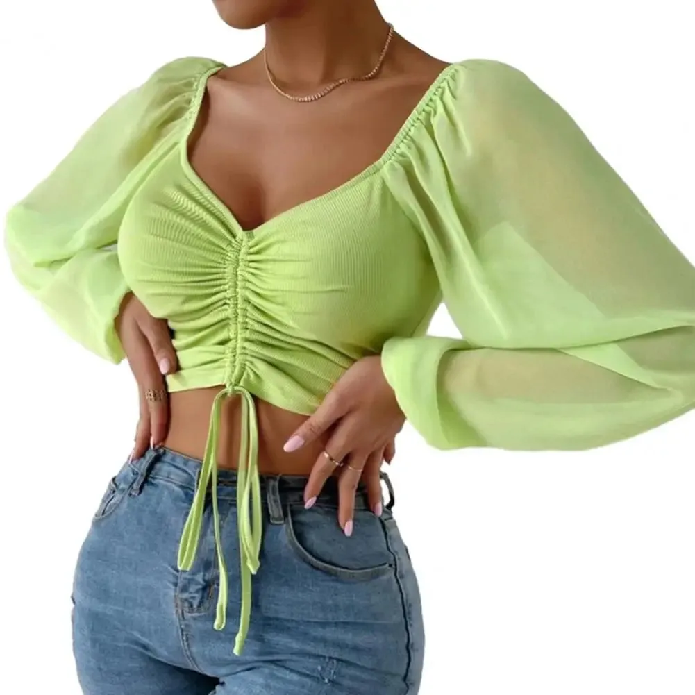 Women Blouse V-neck Lantern Sleeve Cropped Chiffon Lace-up Slim Blouse