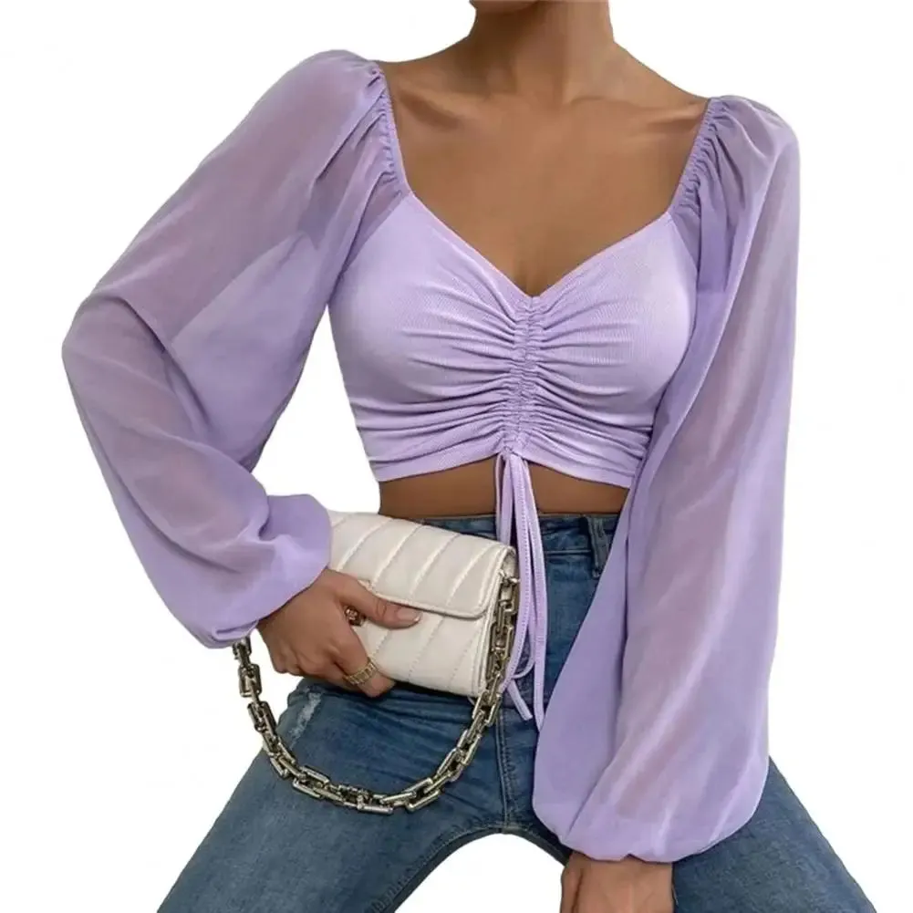 Women Blouse V-neck Lantern Sleeve Cropped Chiffon Lace-up Slim Blouse