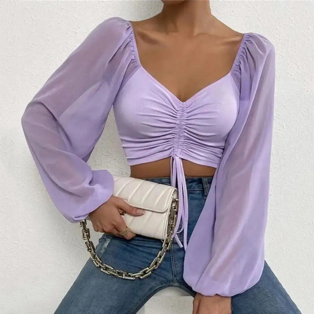 Women Blouse V-neck Lantern Sleeve Cropped Chiffon Lace-up Slim Blouse