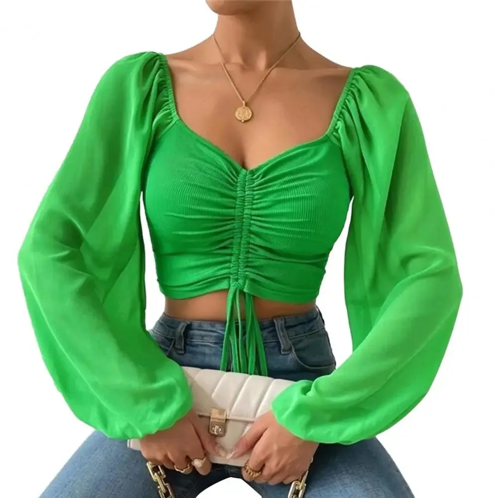 Women Blouse V-neck Lantern Sleeve Cropped Chiffon Lace-up Slim Blouse
