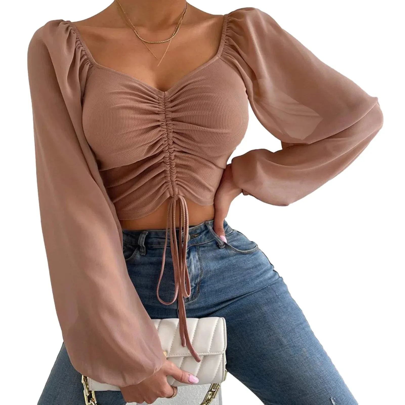 Women Blouse V-neck Lantern Sleeve Cropped Chiffon Lace-up Slim Blouse