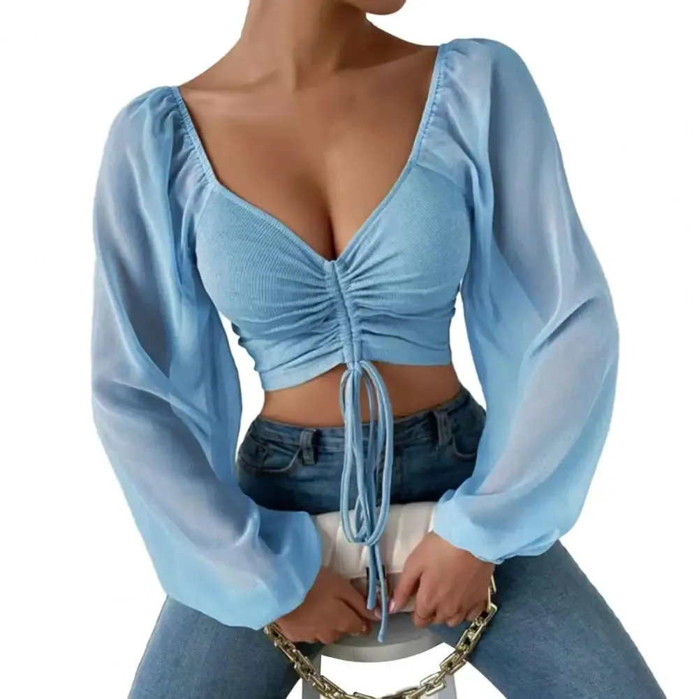 Women Blouse V-neck Lantern Sleeve Cropped Chiffon Lace-up Slim Blouse