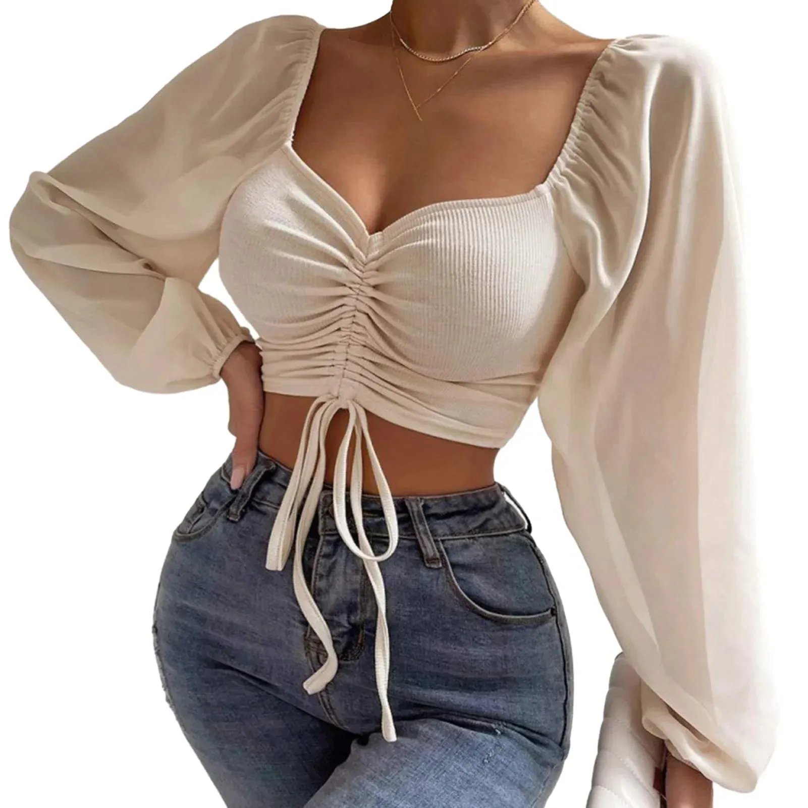 Women Blouse V-neck Lantern Sleeve Cropped Chiffon Lace-up Slim Blouse
