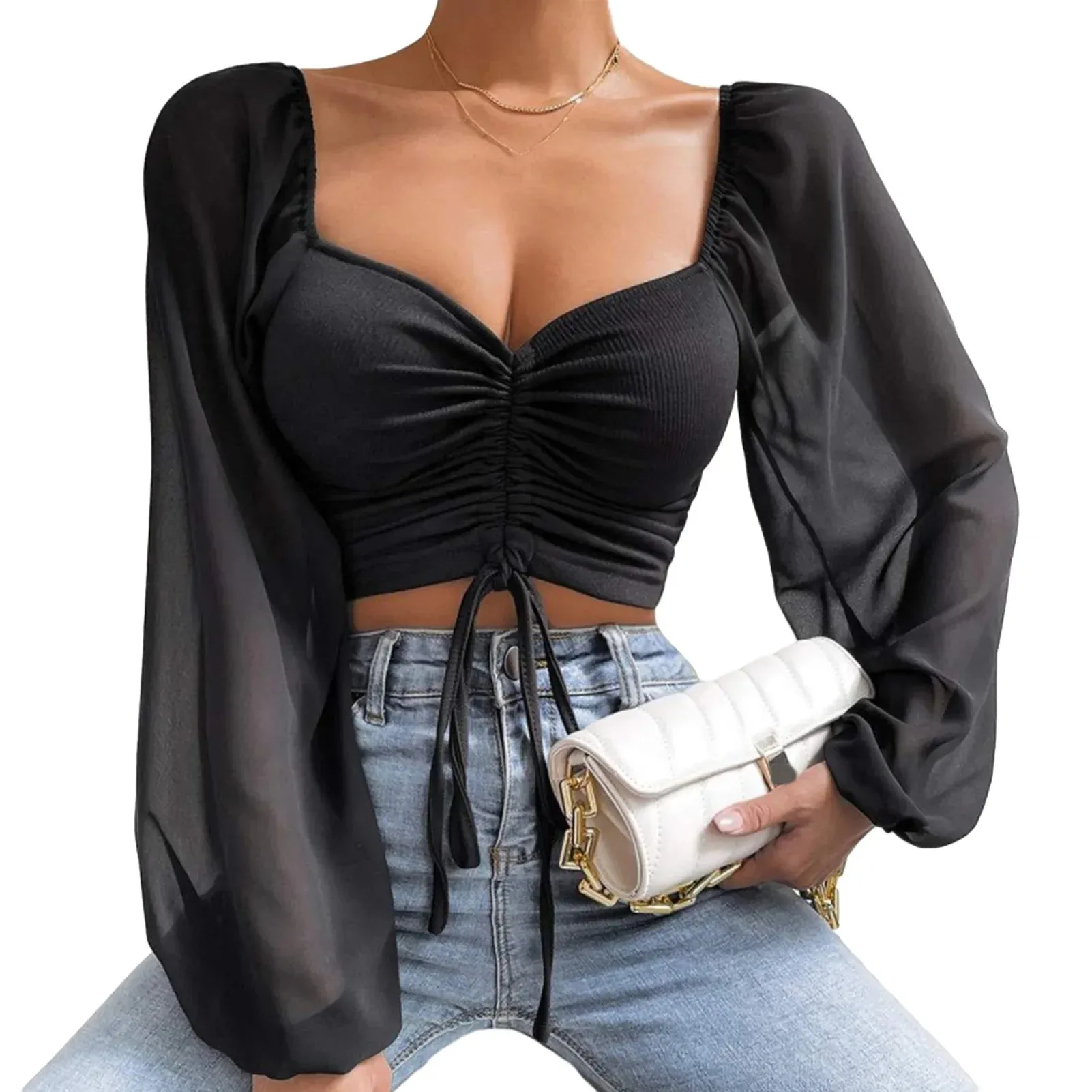 Women Blouse V-neck Lantern Sleeve Cropped Chiffon Lace-up Slim Blouse