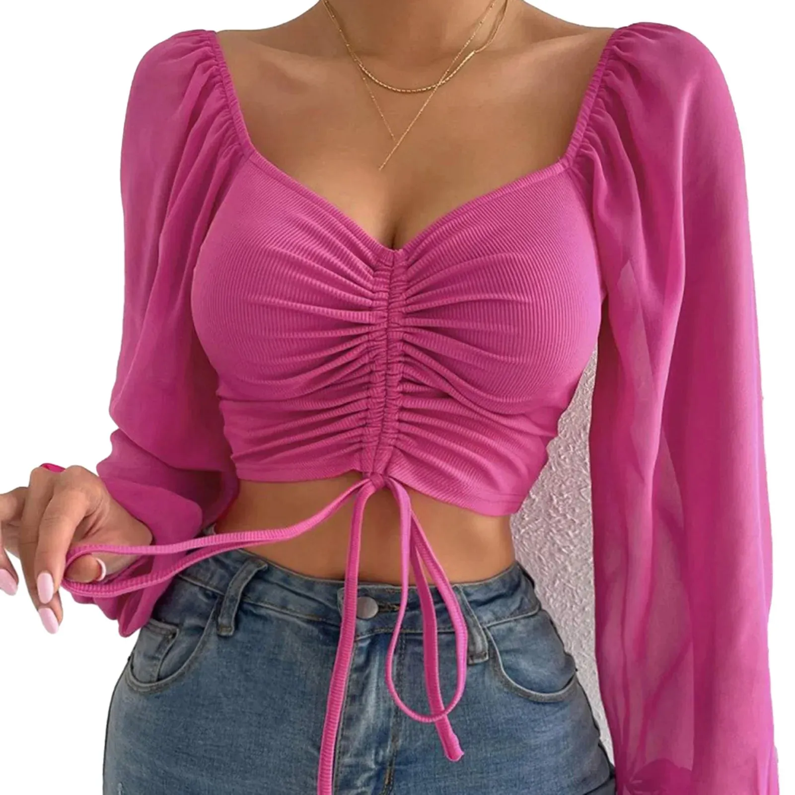 Women Blouse V-neck Lantern Sleeve Cropped Chiffon Lace-up Slim Blouse