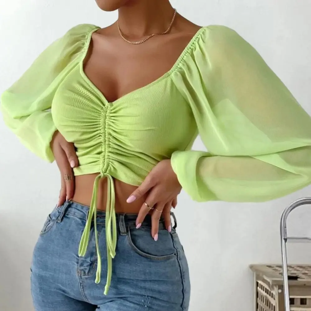Women Blouse V-neck Lantern Sleeve Cropped Chiffon Lace-up Slim Blouse