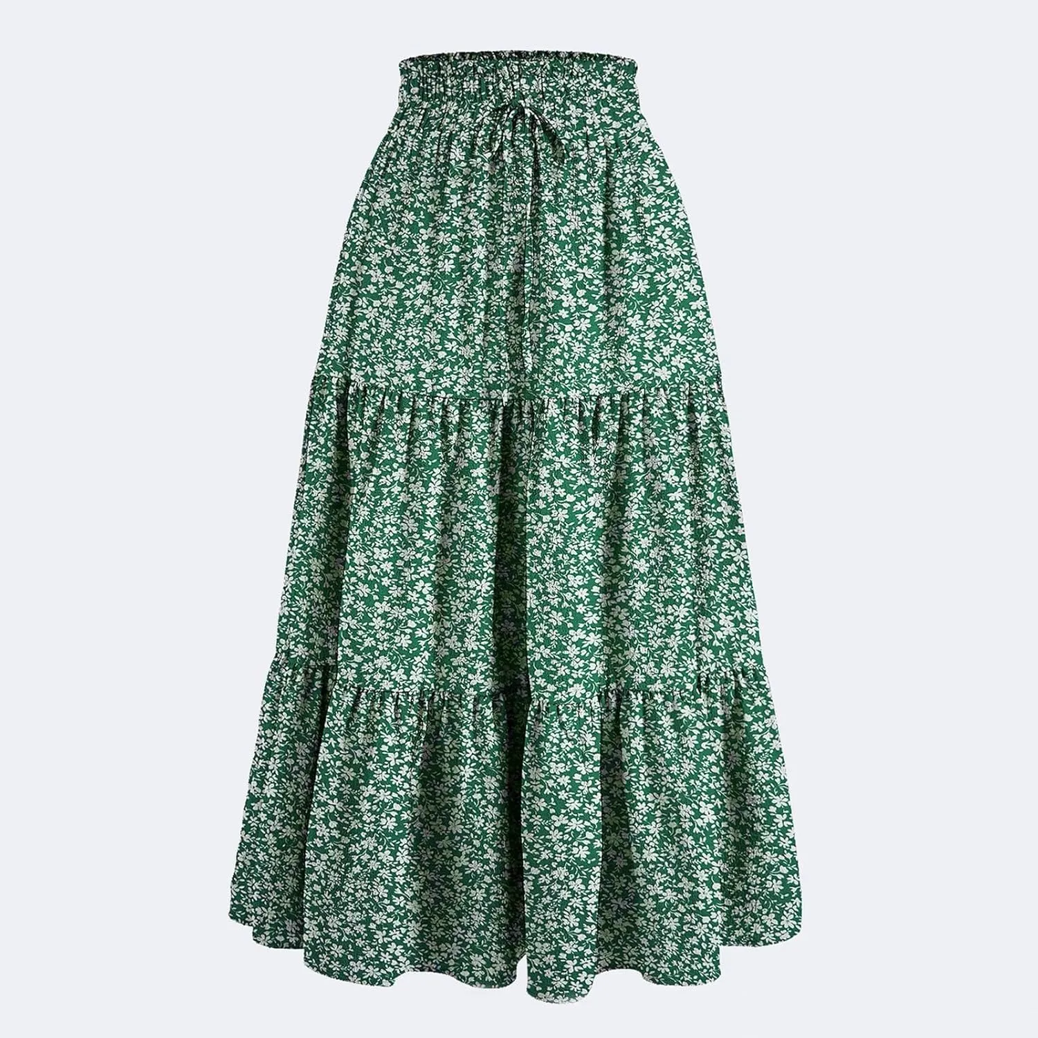 Women Casual Flowy Long Skirts Boho Floral Elastic High Waist Tiered Pleated Summer Maxi Beach Skirt