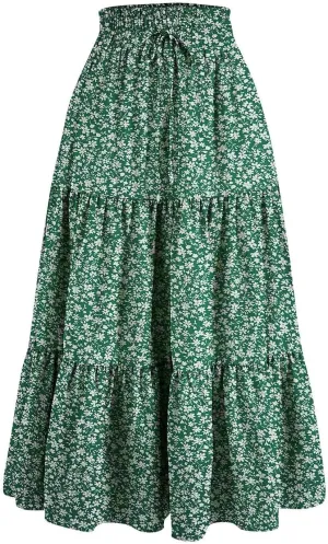 Women Casual Flowy Long Skirts Boho Floral Elastic High Waist Tiered Pleated Summer Maxi Beach Skirt