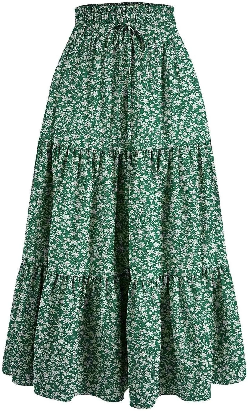 Women Casual Flowy Long Skirts Boho Floral Elastic High Waist Tiered Pleated Summer Maxi Beach Skirt