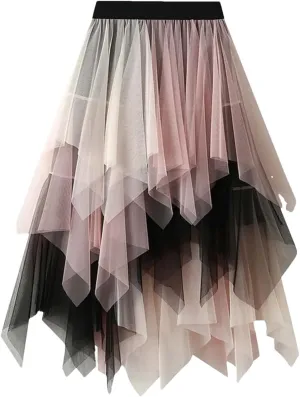Women Fashion Mesh Skirts Women Casual Color Mesh Layer Irregular Elastic Waist Midi Skirt