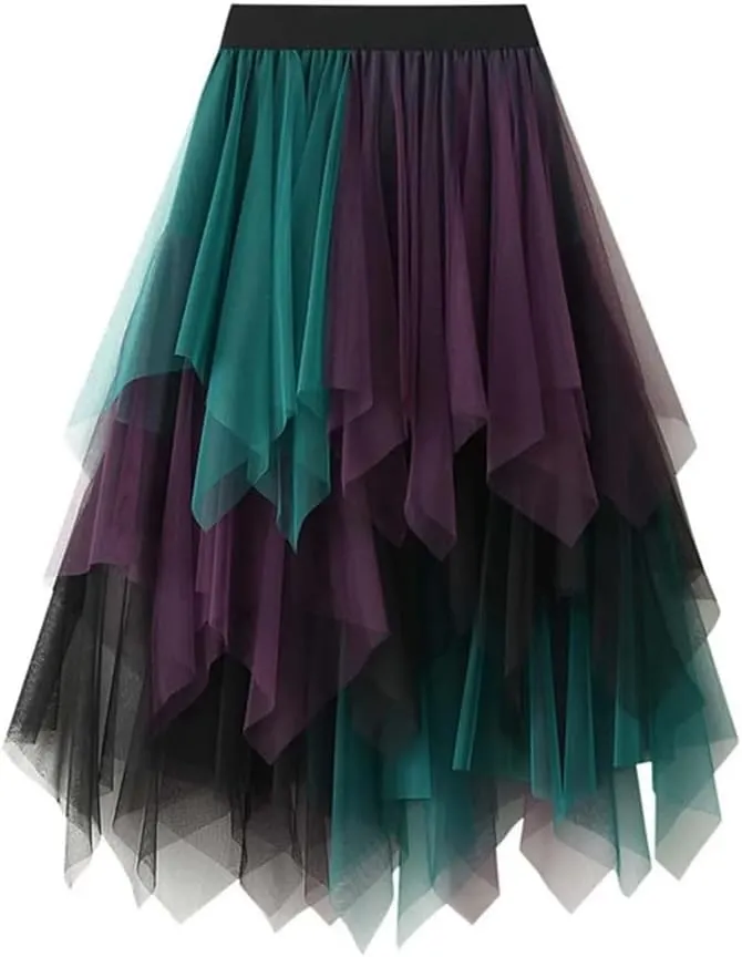 Women Fashion Mesh Skirts Women Casual Color Mesh Layer Irregular Elastic Waist Midi Skirt