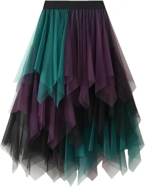 Women Fashion Mesh Skirts Women Casual Color Mesh Layer Irregular Elastic Waist Midi Skirt