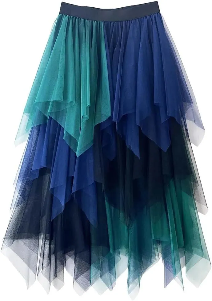Women Fashion Mesh Skirts Women Casual Color Mesh Layer Irregular Elastic Waist Midi Skirt