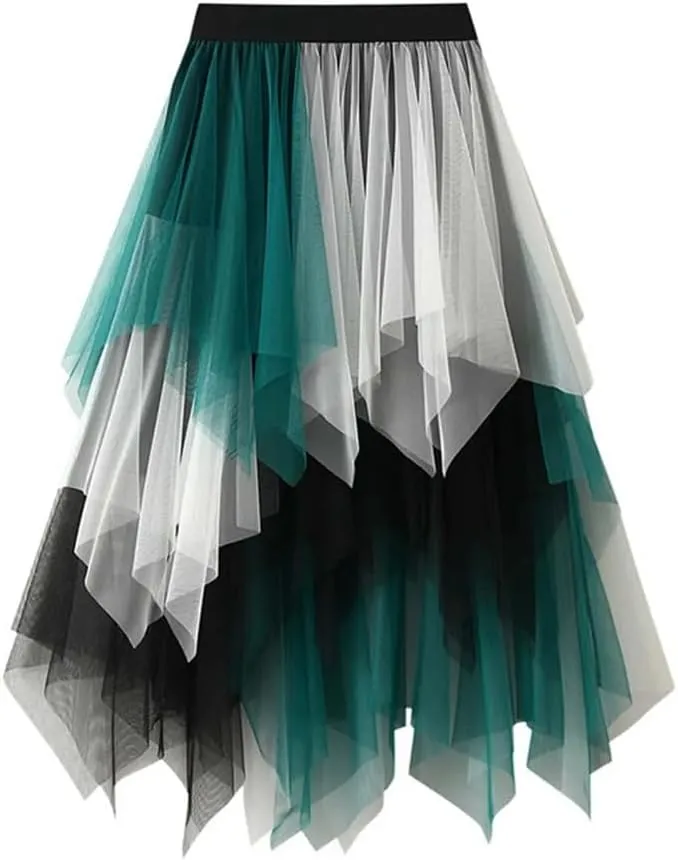 Women Fashion Mesh Skirts Women Casual Color Mesh Layer Irregular Elastic Waist Midi Skirt