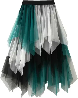 Women Fashion Mesh Skirts Women Casual Color Mesh Layer Irregular Elastic Waist Midi Skirt
