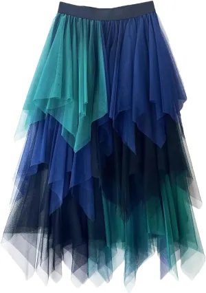 Women Fashion Mesh Skirts Women Casual Color Mesh Layer Irregular Elastic Waist Midi Skirt