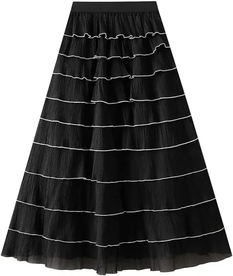 Women French Ruffled High Waisted A-Line Pleated Layered Exuding A Sense of Temperament Cake Skirt