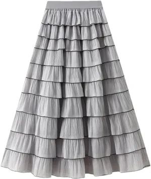 Women French Ruffled High Waisted A-Line Pleated Layered Exuding A Sense of Temperament Cake Skirt