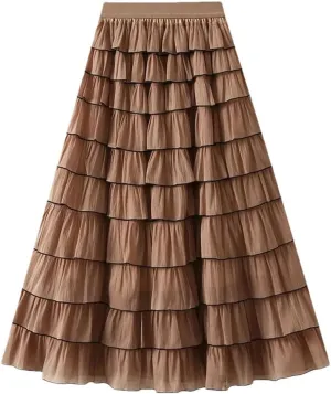 Women French Ruffled High Waisted A-Line Pleated Layered Exuding A Sense of Temperament Cake Skirt