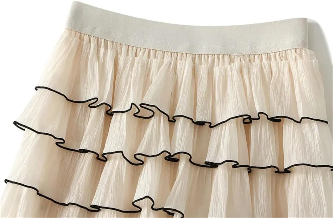 Women French Ruffled High Waisted A-Line Pleated Layered Exuding A Sense of Temperament Cake Skirt