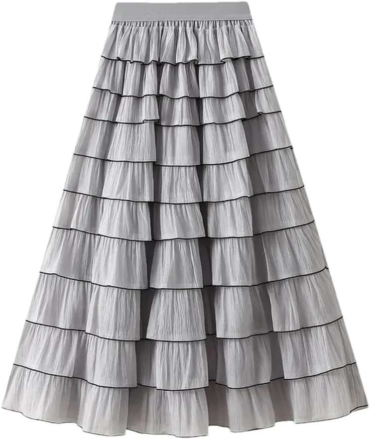 Women French Ruffled High Waisted A-Line Pleated Layered Exuding A Sense of Temperament Cake Skirt