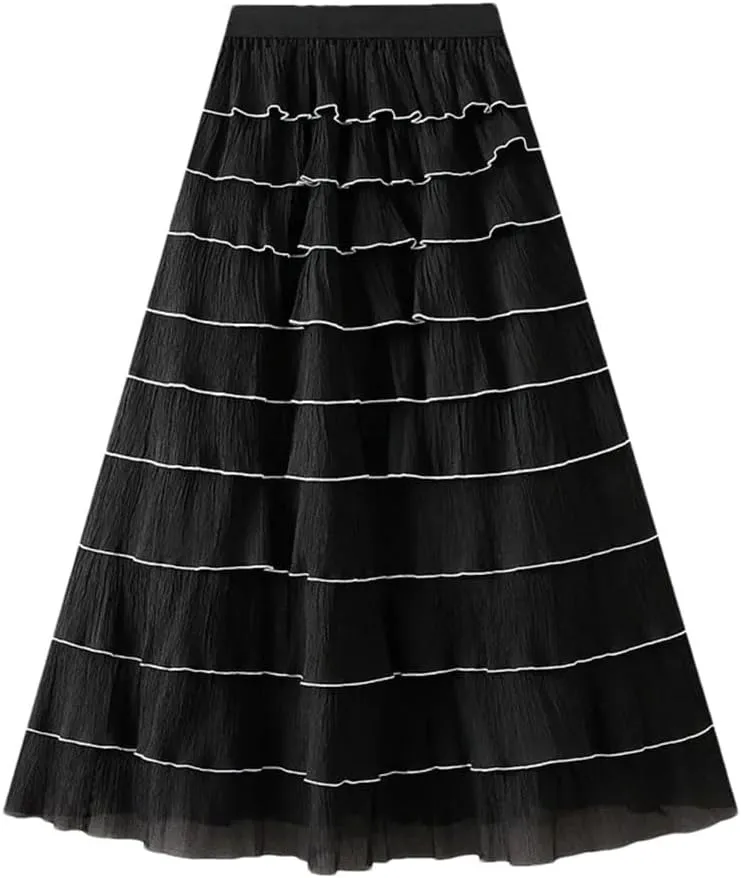 Women French Ruffled High Waisted A-Line Pleated Layered Exuding A Sense of Temperament Cake Skirt