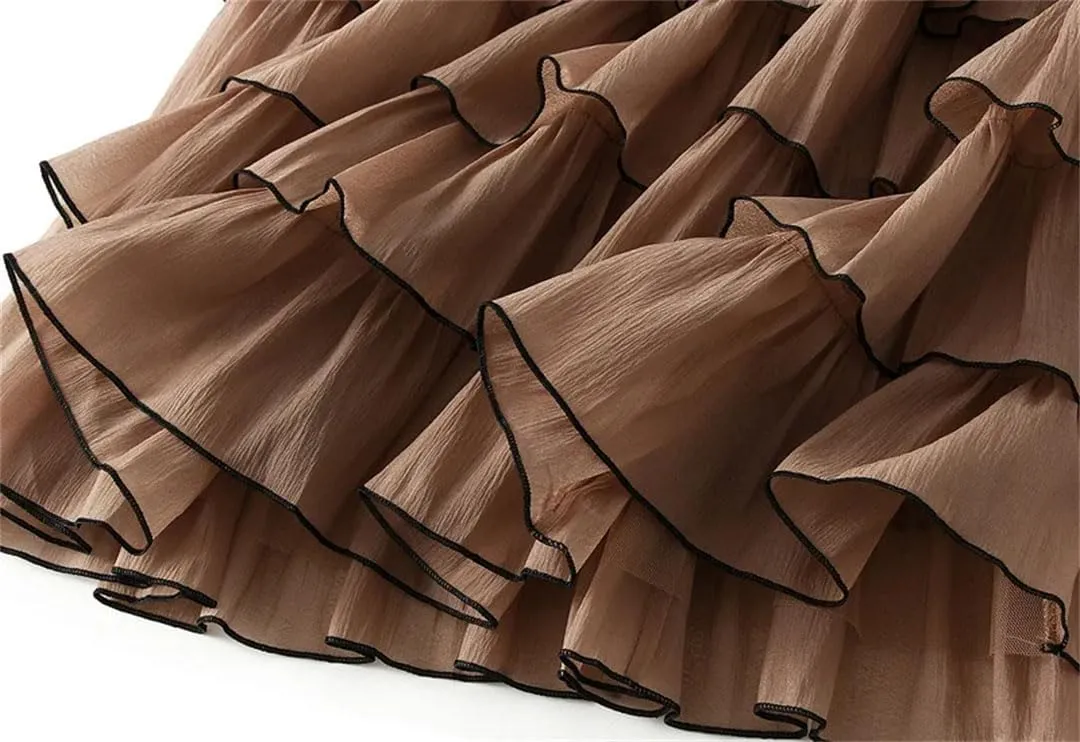Women French Ruffled High Waisted A-Line Pleated Layered Exuding A Sense of Temperament Cake Skirt