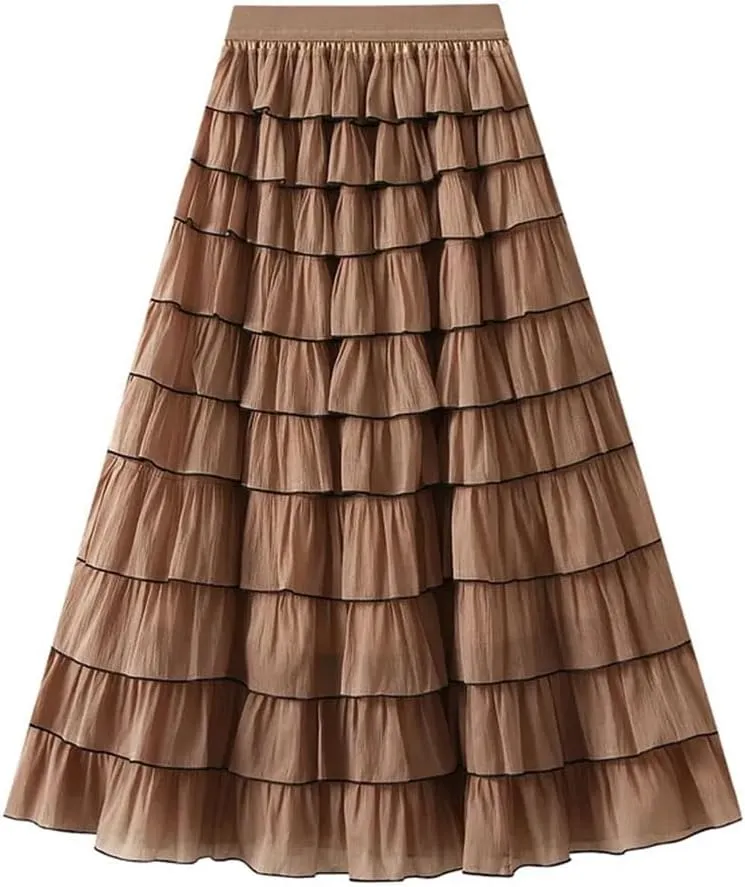 Women French Ruffled High Waisted A-Line Pleated Layered Exuding A Sense of Temperament Cake Skirt