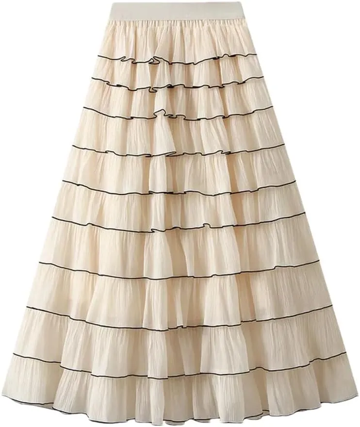 Women French Ruffled High Waisted A-Line Pleated Layered Exuding A Sense of Temperament Cake Skirt